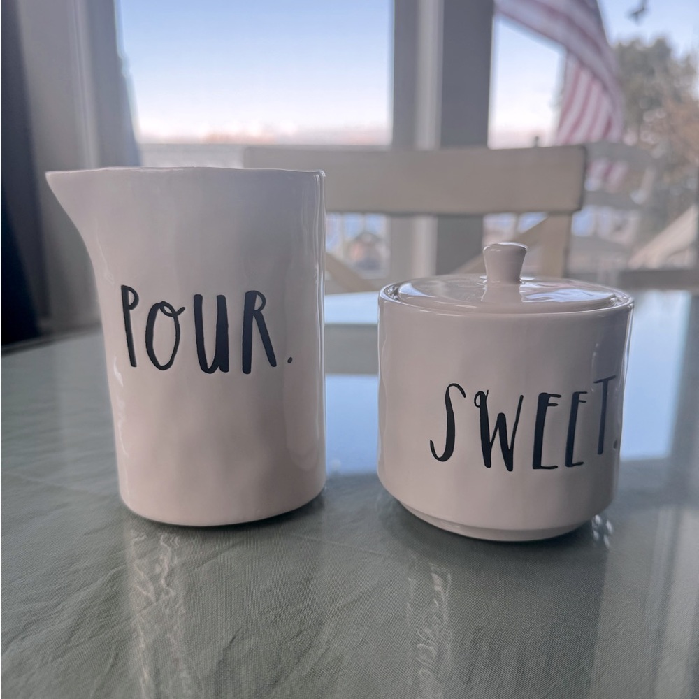 Rae Dunn Artisan Collection Cream and Sugar labeled “Sweet” and “Pour”